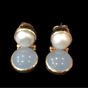 Julie Vos 24K Gold Blue Chalcedony and Pearl Pierced Earrings
